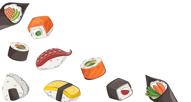 Cozinha japonesa comida asiática para menus de restaurantes e locais de entrega de cartazes vector ilustração plana isolada em rolos de sushi de fundo branco conjunto de molho de soja onigiri imagem de stock