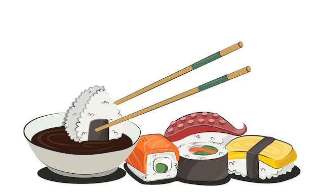 Cozinha japonesa comida asiática para menus de restaurantes e locais de entrega de cartazes vector ilustração plana isolada em rolos de sushi de fundo branco conjunto de molho de soja onigiri imagem de stock