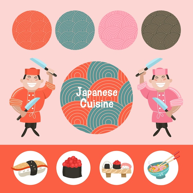 Cozinha japonesa um conjunto de pratos tradicionais japoneses chef japonês com uma grande faca de cozinha ilustração vetorial em estilo cartoon modelo de menu colorido de café de cozinha japonesa