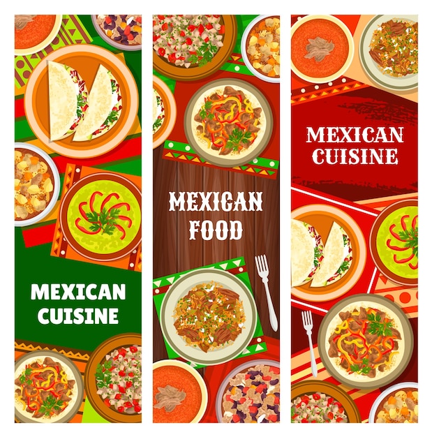 Cozinha mexicana e banners de comida do méxico, pratos e refeições tradicionais, menu de restaurante de vetor. comida mexicana autêntica e salada de taco de peixes nacionais, fajitas de boi, chili com carne e estofado de porco