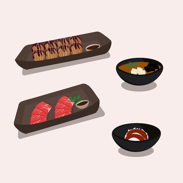 Cozinha nacional japonesa Takoyaki e miso shabushabu e ilustração vetorial de udon