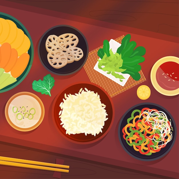 Cozinha pan-asiática. Várias tigelas cheias de ingredientes apetitosos. refeição oriental