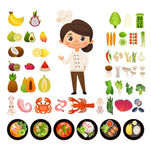Cozinha tailandesa tradicional. Conjunto de personagens, frutas, legumes, frutos do mar e pratos asiáticos
