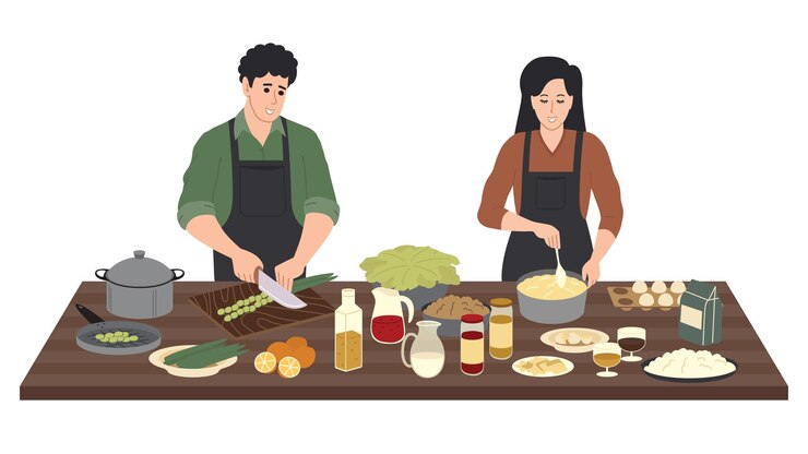 Cozinhando na mesa da cozinha. Sorrir, homem e mulher preparam comida na cozinha com massa, vegetais, ovos, óleo, cereais e outros alimentos. Ilustração em vetor plana isolada no fundo branco.