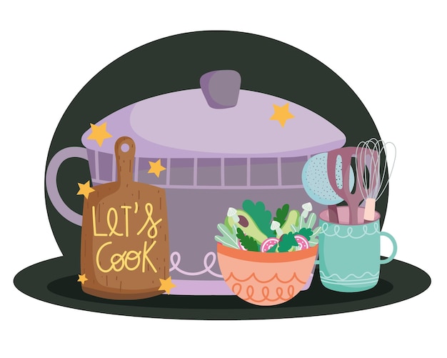 Cozinhando panelas, talheres, tábua de cortar e salada em estilo cartoon, ilustração de letras