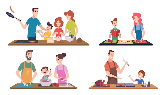 Cozinhar em família casais e crianças felizes passam tempo na cozinha preparando comida servindo utensílios de lavagem de mesa vetores exatos personagens sorridentes