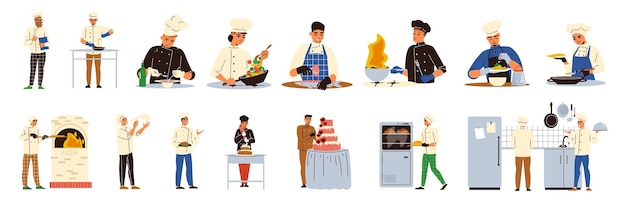 Cozinhar ícones planos isolados em fundo branco com fogões profissionais fazendo bolo de pizza refogue ilustração vetorial