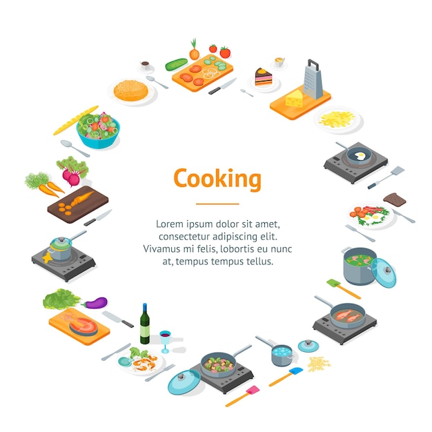 Cozinhar ou preparar comida Banner cartão círculo vista isométrica Incluir faca utensílio e ilustração vetorial de vegetais para restaurante de cozinha