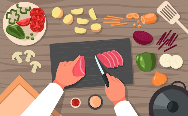 Cozinhar vista superior Chef preparando comida para cortar no prato da mesa e tábua com fatias vegetais de desenho animado saudável refeição vegetariana ilustração vetorial