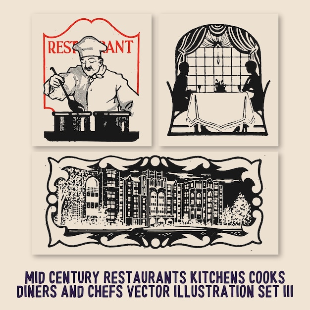 Vetor cozinhas de restaurantes de meados do século cozinham comensais e chefs ilustração vetorial conjunto 3