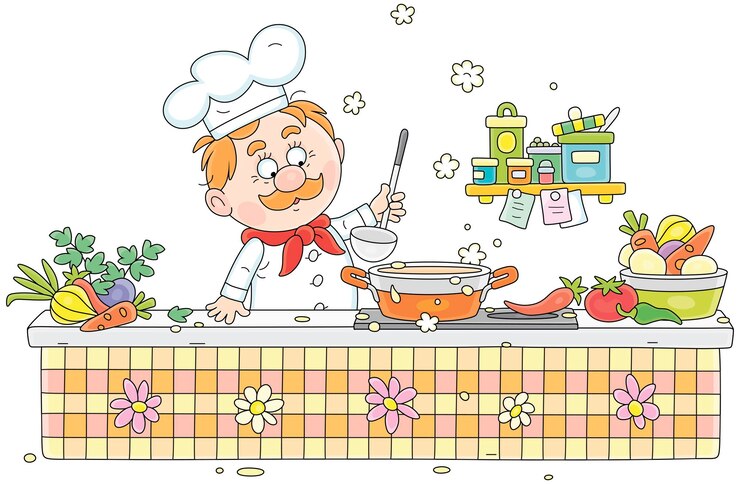 Vetor cozinheiro engraçado com sua chaleira fazendo uma sopa original e saborosa em uma panela em uma cozinha com vegetais