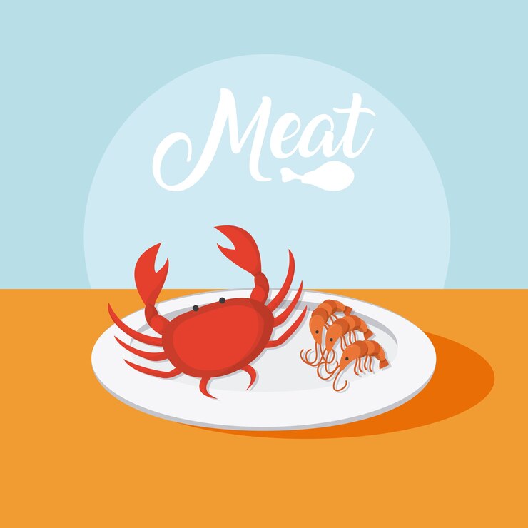 Vetor crabster e camarões no prato