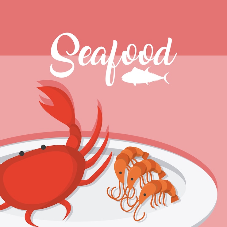 Vetor crabster e camarões no prato