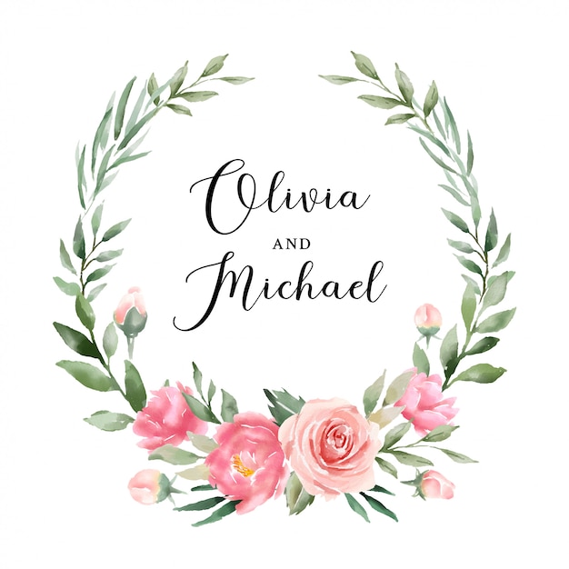 Crachá de casamento com linda guirlanda floral aquarela