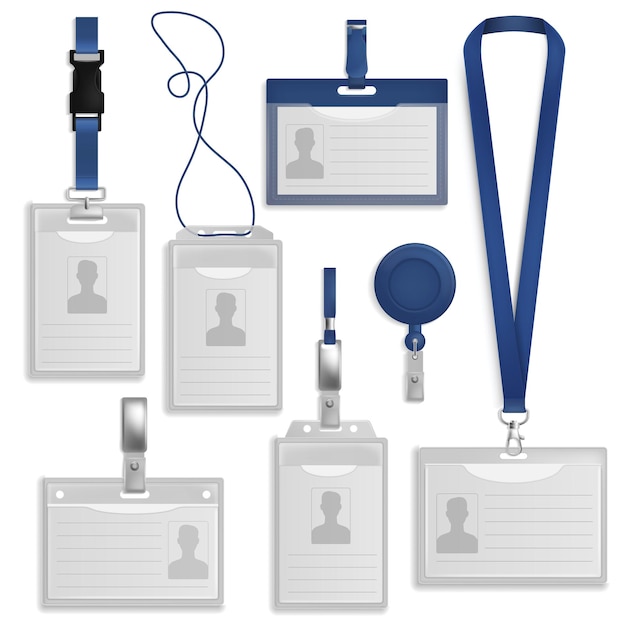 Crachá ID Cartões de identificação de plástico realistas com suportes e colhedores de pescoço Maquete de passe em branco para segurança Conferência de imprensa tags de credenciamento de visitantes conjunto de papéis de acesso vetorial pendurados em fita