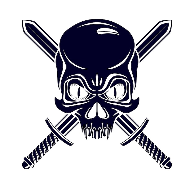 Crânio agressivo de cabeça morta Jolly Roger, emblema vetorial de piratas ou logotipo com armas, logotipo de estilo vintage ou tatuagem.