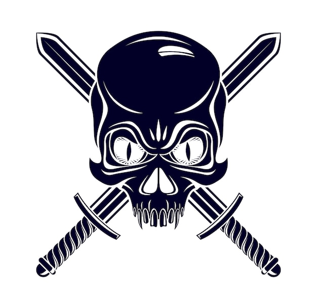 Vetor crânio agressivo de cabeça morta jolly roger, emblema vetorial de piratas ou logotipo com armas, logotipo de estilo vintage ou tatuagem.