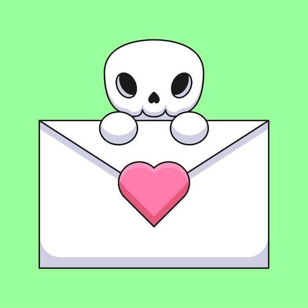 Crânio bonito segurando uma carta de amor mascote dos desenhos animados doodle arte mão desenhada contorno conceito vetor ilustração ícone kawaii