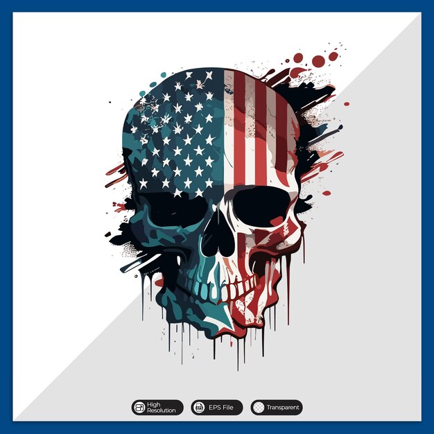 Vetor crânio colorido com desenho de camiseta vetorial da bandeira americana