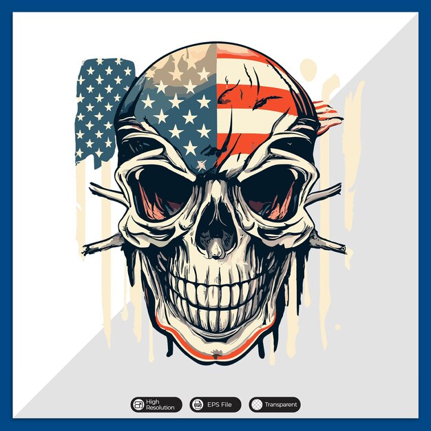 Vetor crânio colorido com desenho de camiseta vetorial da bandeira americana