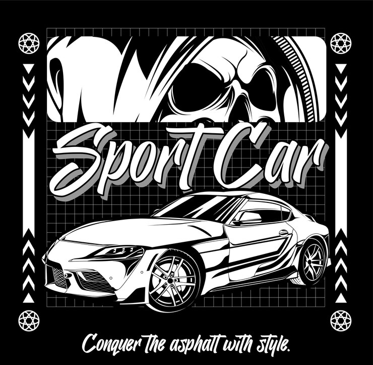 Vetor crânio com carro esportivo com design de brutalismo