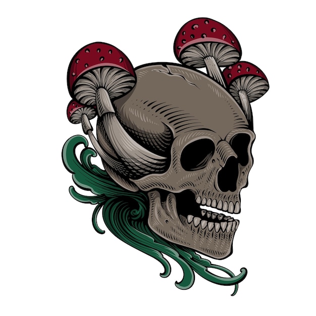 Vetor crânio com cogumelo ornamental arte escura tatuagem design ilustração de design de camiseta