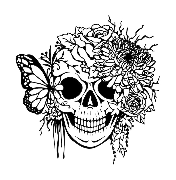 Crânio com crisântemo, rosas, folha e borboleta para imprimir, gravar, colorir e assim por diante. Ilustração vetorial