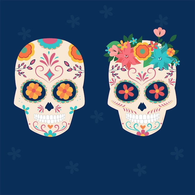 Crânio com ornamento de flores para o dia mexicano da morte