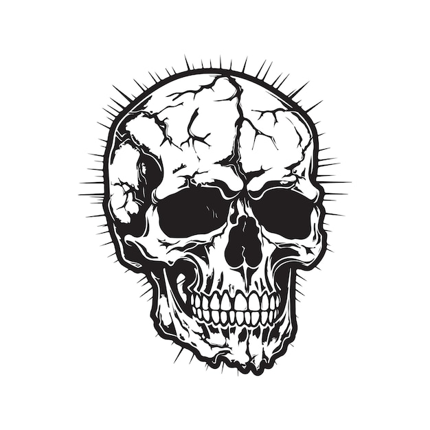 Crânio com um conceito de logotipo vintage de crack ilustração desenhada à mão em preto e branco