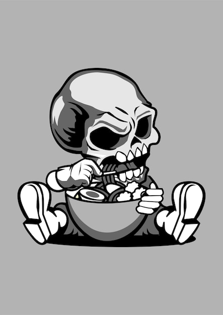 Crânio comer ramen personagem de desenho animado