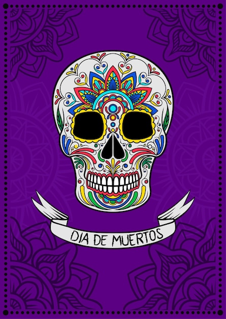 Crânio de açúcar mexicano com padrão floral colorido Dia de Muertos elemento de design para ilustração vetorial de cartão de cartaz em um fundo roxo