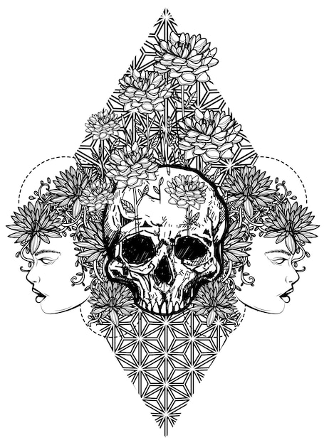 Crânio de arte de tatuagem e mulheres desenhando esboço preto e branco