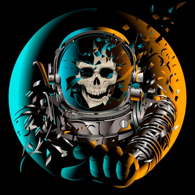 Vetor crânio de astronauta, espacial, capacete quebrado, cartaz de terror astro vintage perdido no espaço galáxia voyager