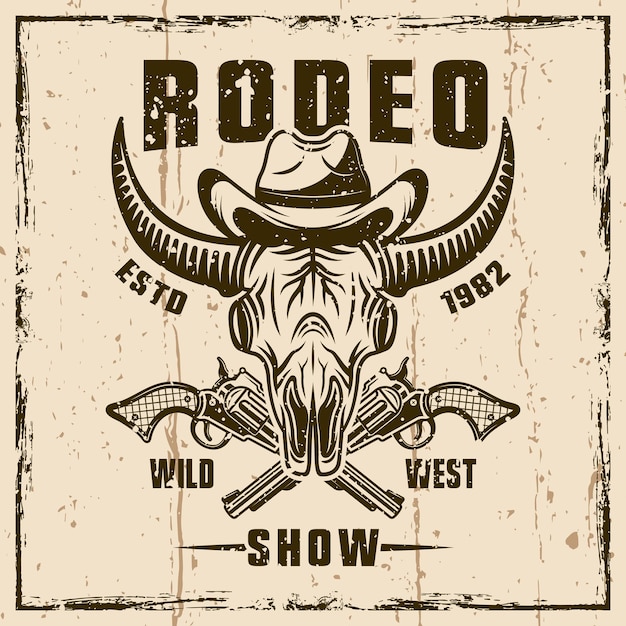 Crânio de búfalo com chapéu de cowboy e emblema de vetor colorido de armas cruzadas ou estampa de camiseta para show de rodeio Ilustração em fundo com texturas grunge e ilustração vetorial de quadro