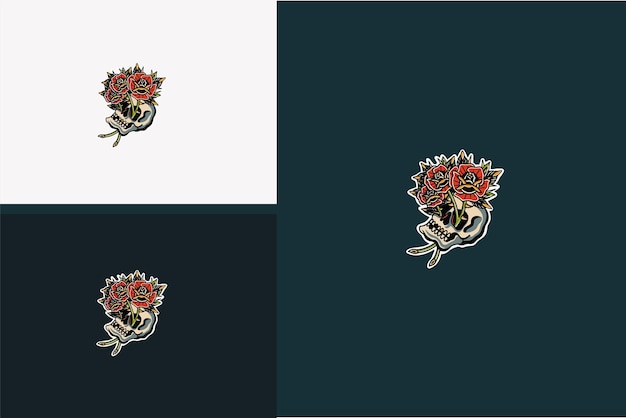 Crânio de cabeça e design de ilustração vetorial de flor rosa vermelha