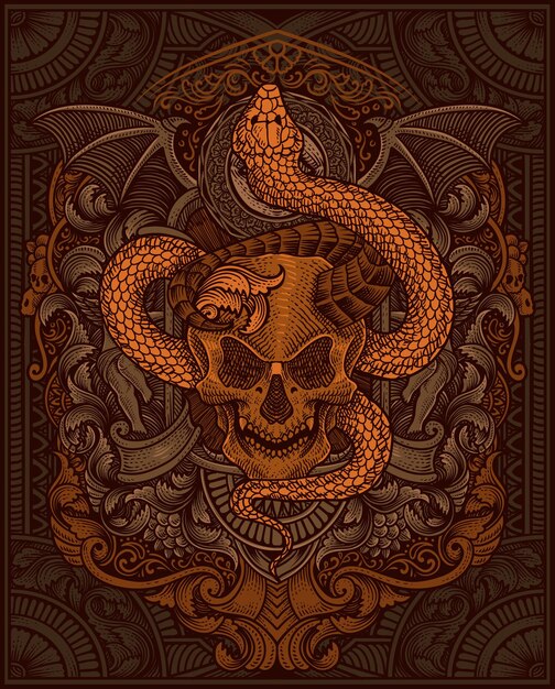 Vetor crânio de demônio de ilustração vetorial com estilo de ornamento de gravura vintage de cobra