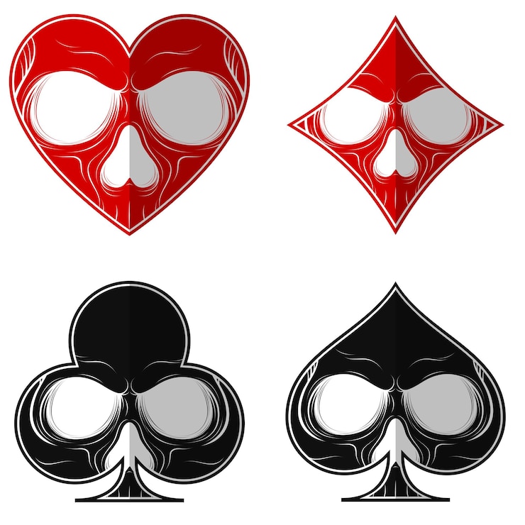 Vetor crânio de desenho vetorial com os quatro símbolos de pôquer coração diamante ace trevo tudo em fundo branco