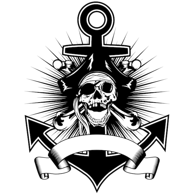 Crânio de insígnia pirata ilustração vetorial no chapéu armado com ossos cruzados e âncora