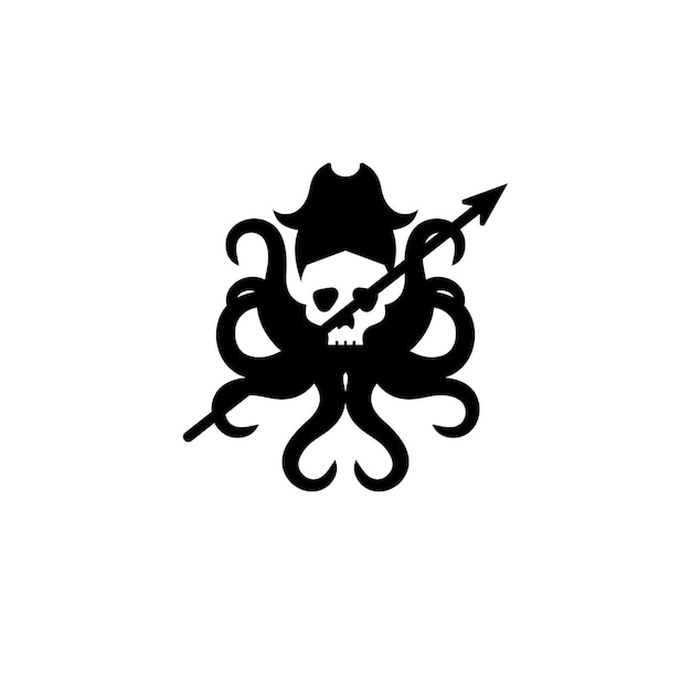Crânio de pirata kraken preto com modelo de design de vetor de logotipo de lança
