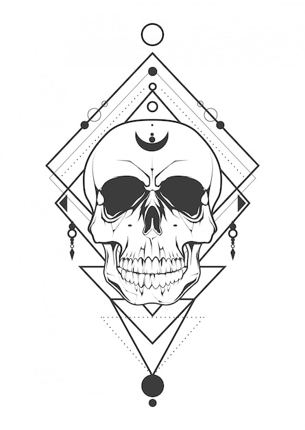 Crânio de tatuagem com arte geométrica.