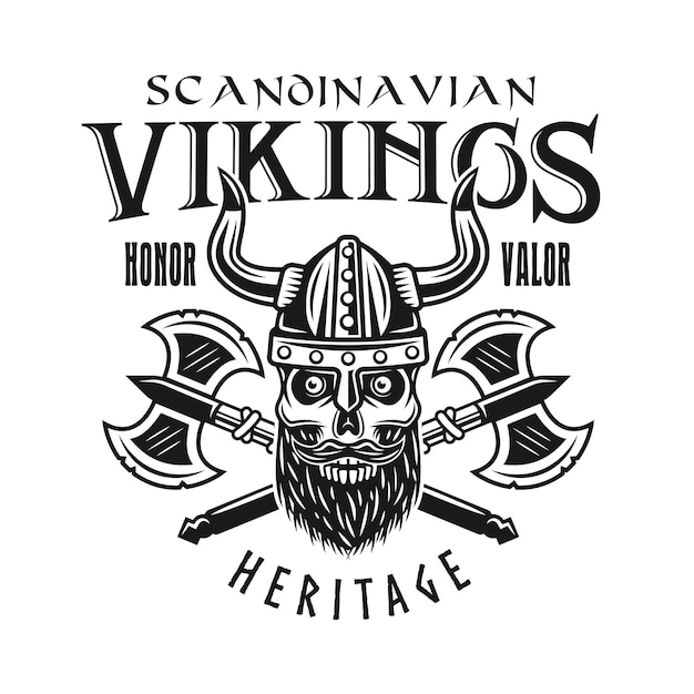 Crânio de viking e machados cruzados vector impressão de emblema, etiqueta, distintivo, logotipo ou t-shirt em estilo monocromático isolado no fundo branco