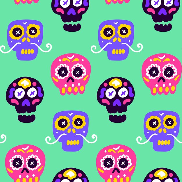 Crânio Dia Los Muertos sem costura padrão ilustração vetorial de fundo de férias mexicano