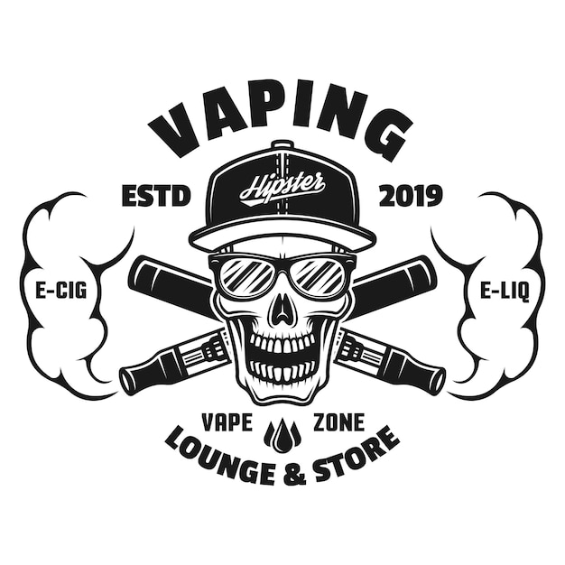 Crânio e cigarros eletrônicos com emblema monocromático de vapor de vapor, crachá, etiqueta ou logotipo isolado no fundo branco