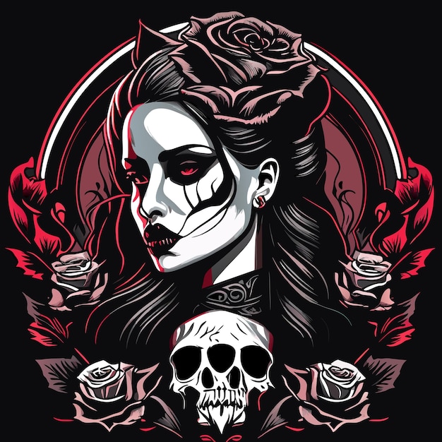 Vetor crânio e rosas, cabeça de esqueleto morto e flores vermelhas desenhadas à mão tatuagem gótica vintage