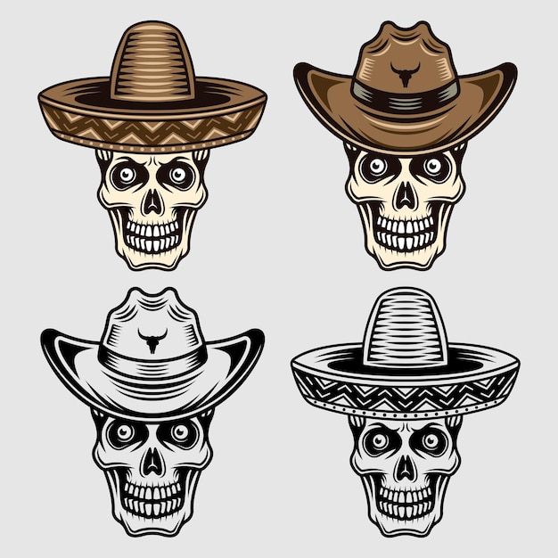 Crânio em sombrero e chapéu de cowboy conjunto de objetos vetoriais ou elementos de design dois estilos preto e colorido