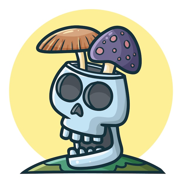 Crânio engraçado com dois cogumelos em cima