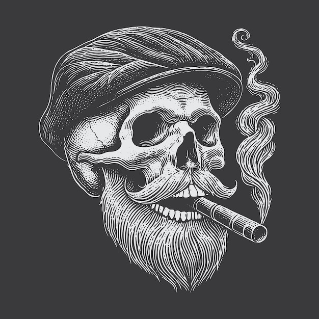 Crânio fumando um charuto usando uma tampa plana