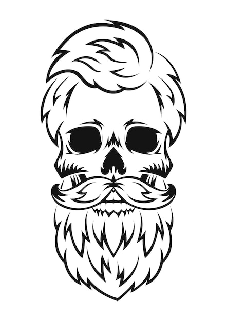 Crânio humano com barba e bigode silhueta negra elemento de design esboço desenhado à mão