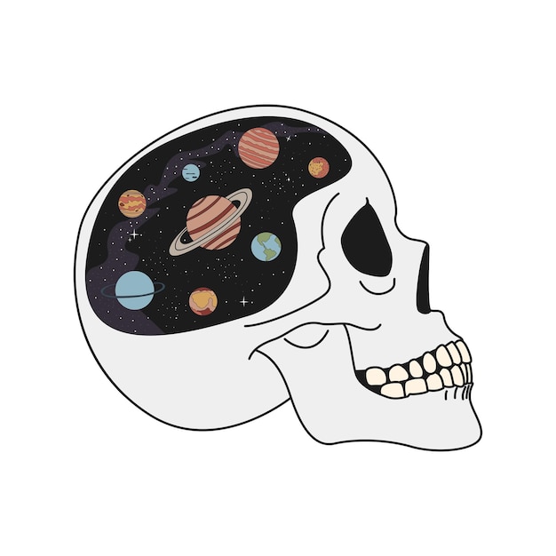 Crânio humano com espaço dentro de planetas estrelas Ilustração vetorial plana Impressão vetorial para gráfico de camiseta