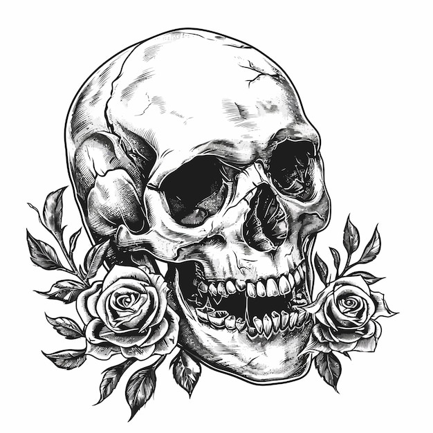 Vetor crânio_humano_com_rosas_drawn_in_tattoo_style